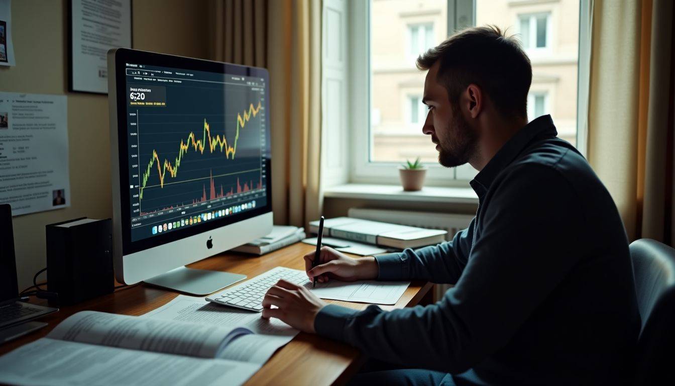 A person studying gold investment with books and computer.