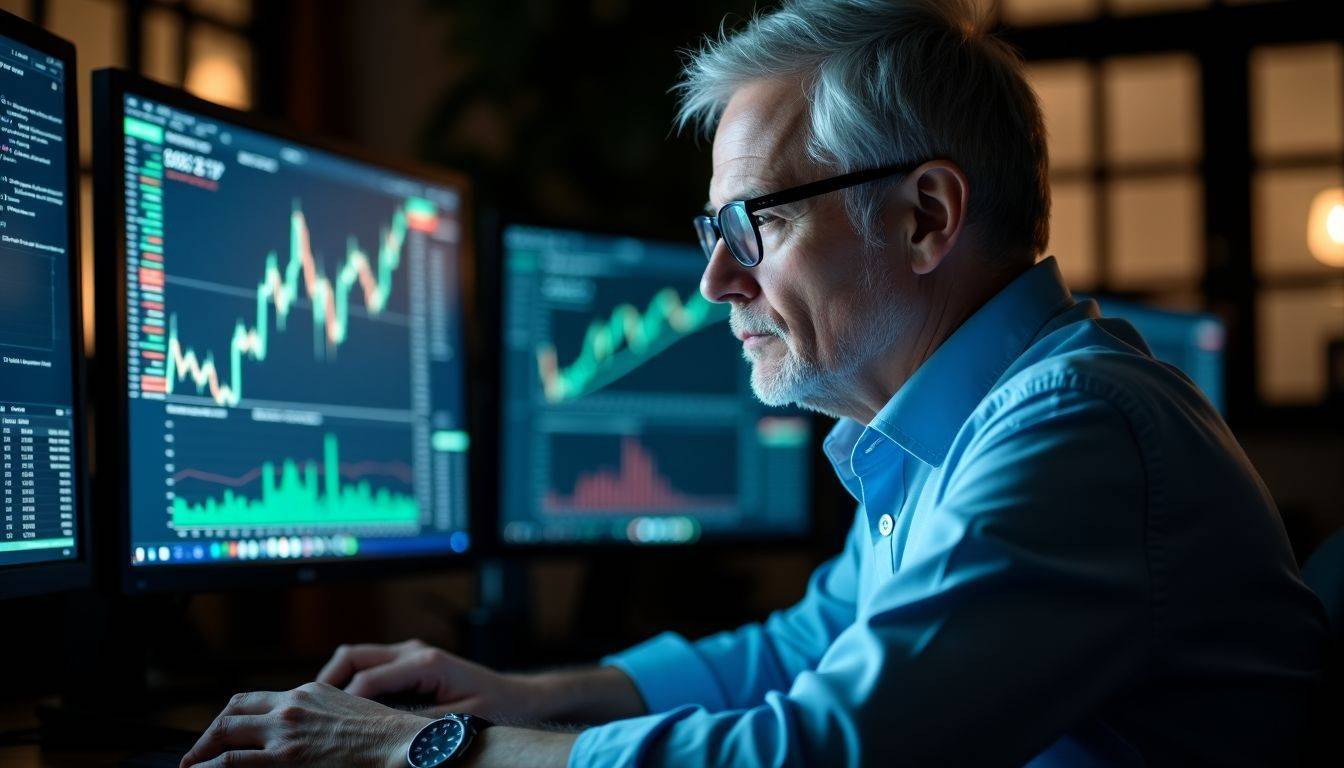 A male trader is focused on analyzing economic indicators on multiple monitors.