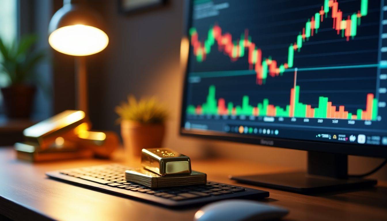 A modern desk with computer screen displaying rising stock prices and gold investment items.