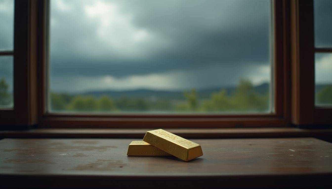 A gold bullion on an old desk with stormy skies.