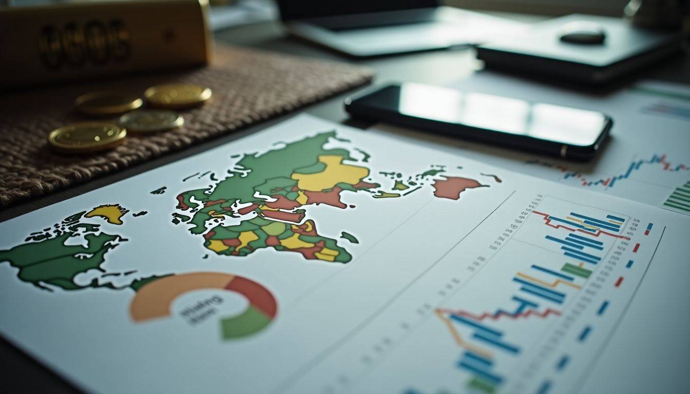 A cluttered desk of a gold price analyst with economic charts and a forecasted gold price chart highlighted.