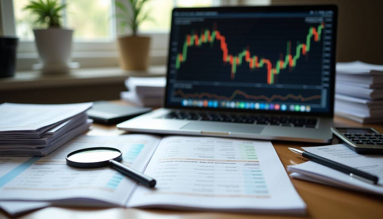 A cluttered desk with financial reports, calculator, and laptop displaying gold prices.