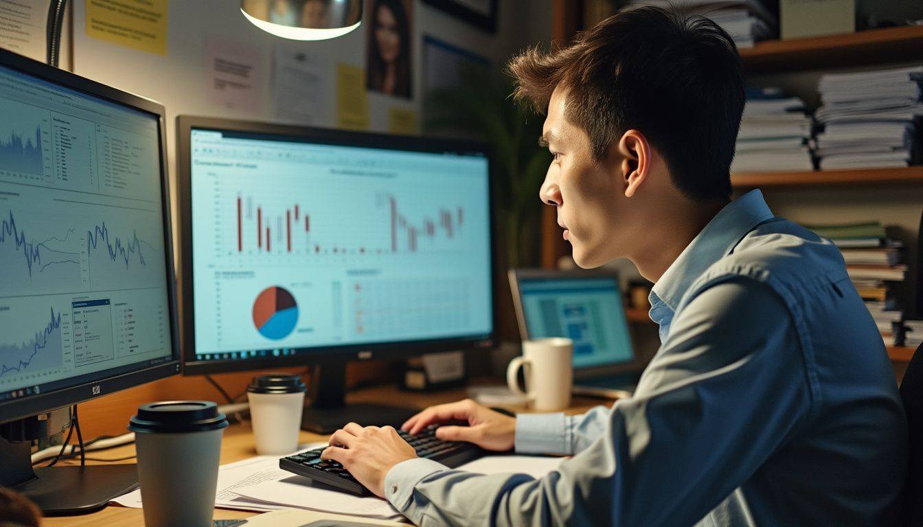 A financial analyst works in a cluttered office surrounded by papers.