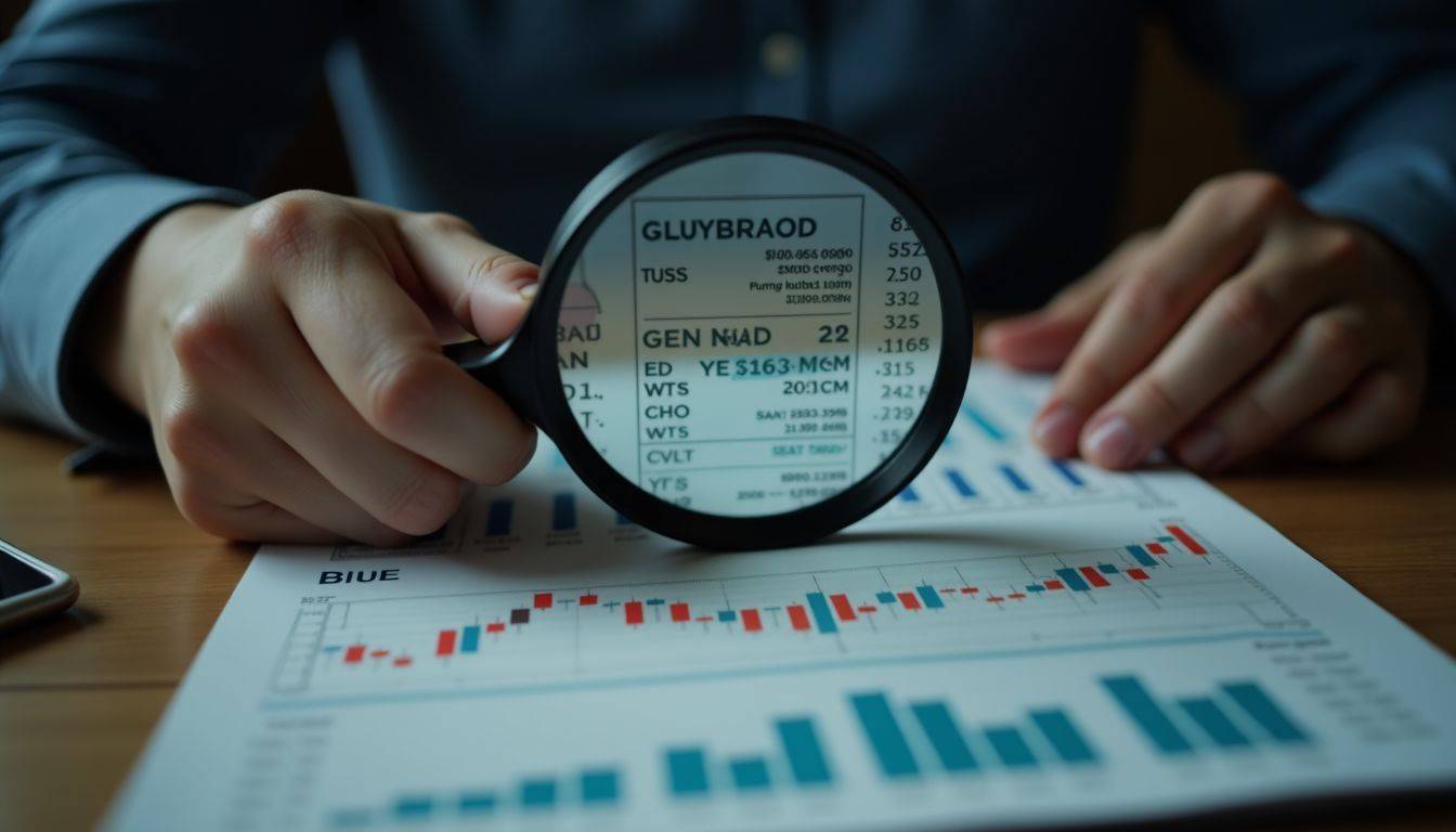 A person examines a detailed gold price chart surrounded by economic indicators.