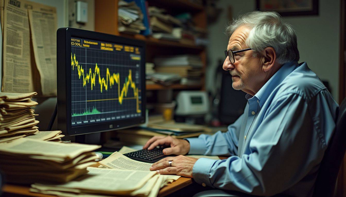 An older man in a cluttered home office analyzing gold prices.