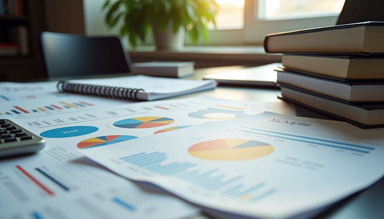 A cluttered desk with financial reports, market analysis charts, and investment books.