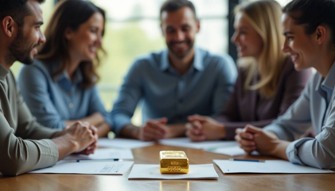 A diverse group of people discussing investment strategies with a focus on gold.