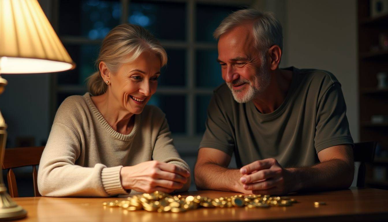 An older couple smiling while looking at gold coins and jewelry.