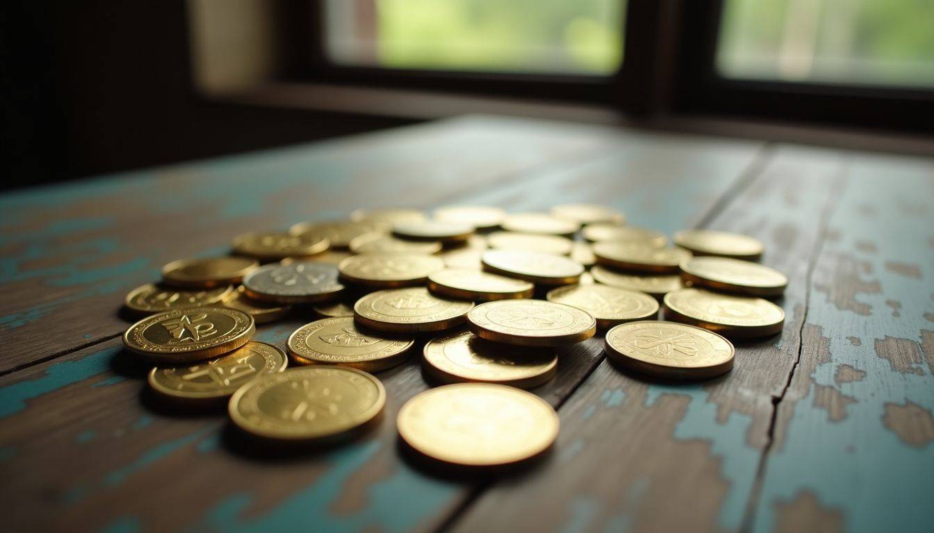 A variety of gold coins spread out on a weathered wooden table.