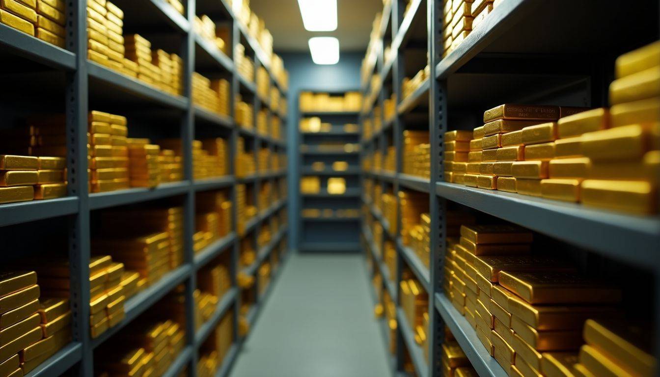 A dimly lit room filled with gold bars and coins.