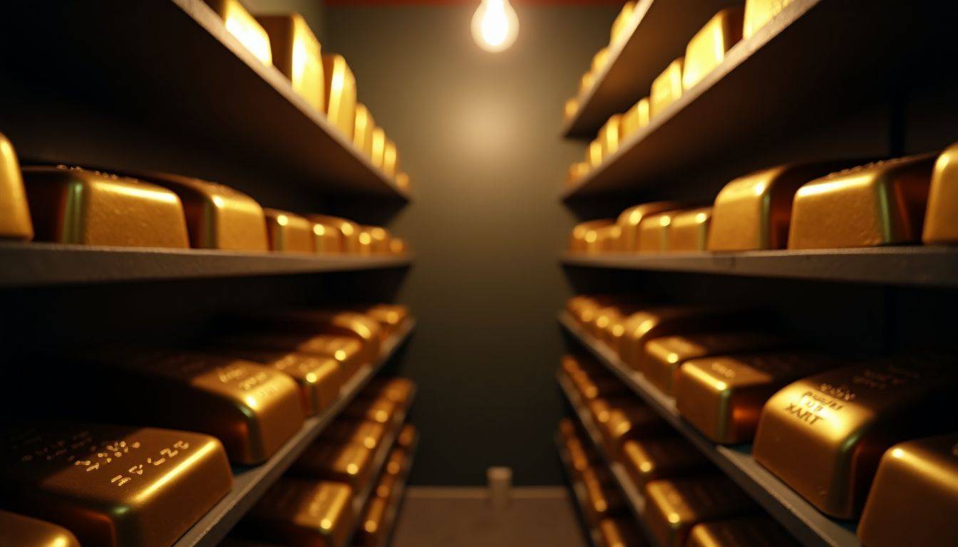 Shelves with gold bars reflecting warm light in dimly lit room.