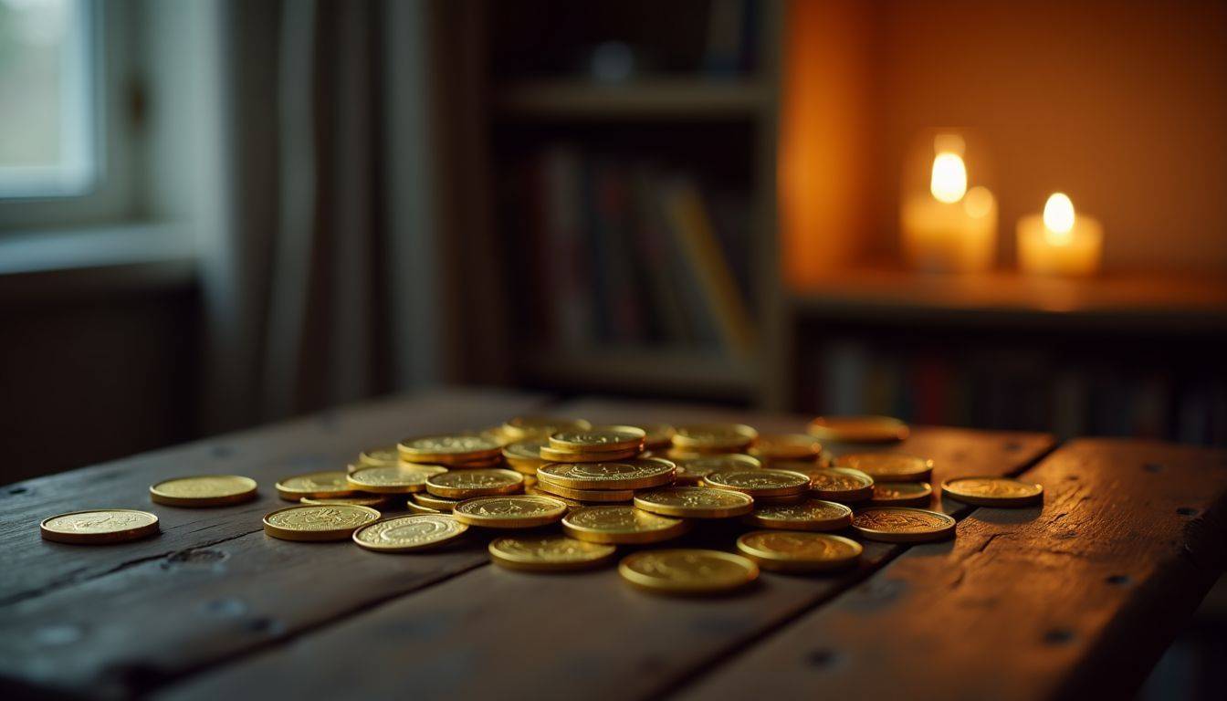 A dimly lit room with scattered gold coins and bars.