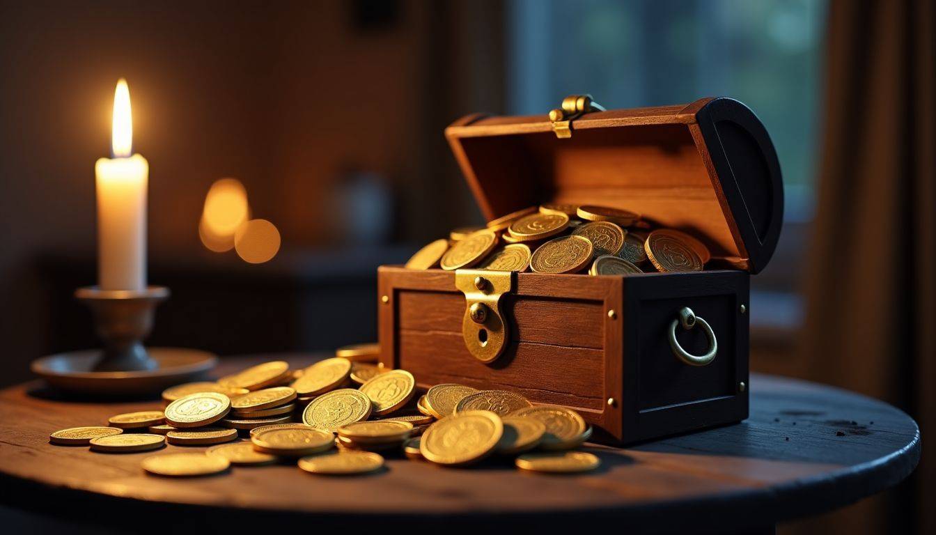 A treasure chest filled with gold coins on a wooden table.