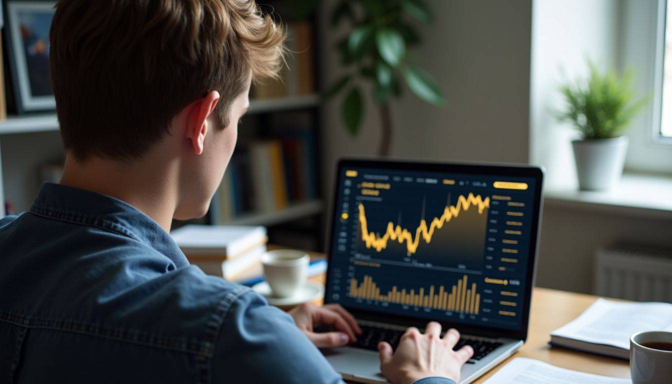 A person at a cluttered desk focused on real-time gold prices.