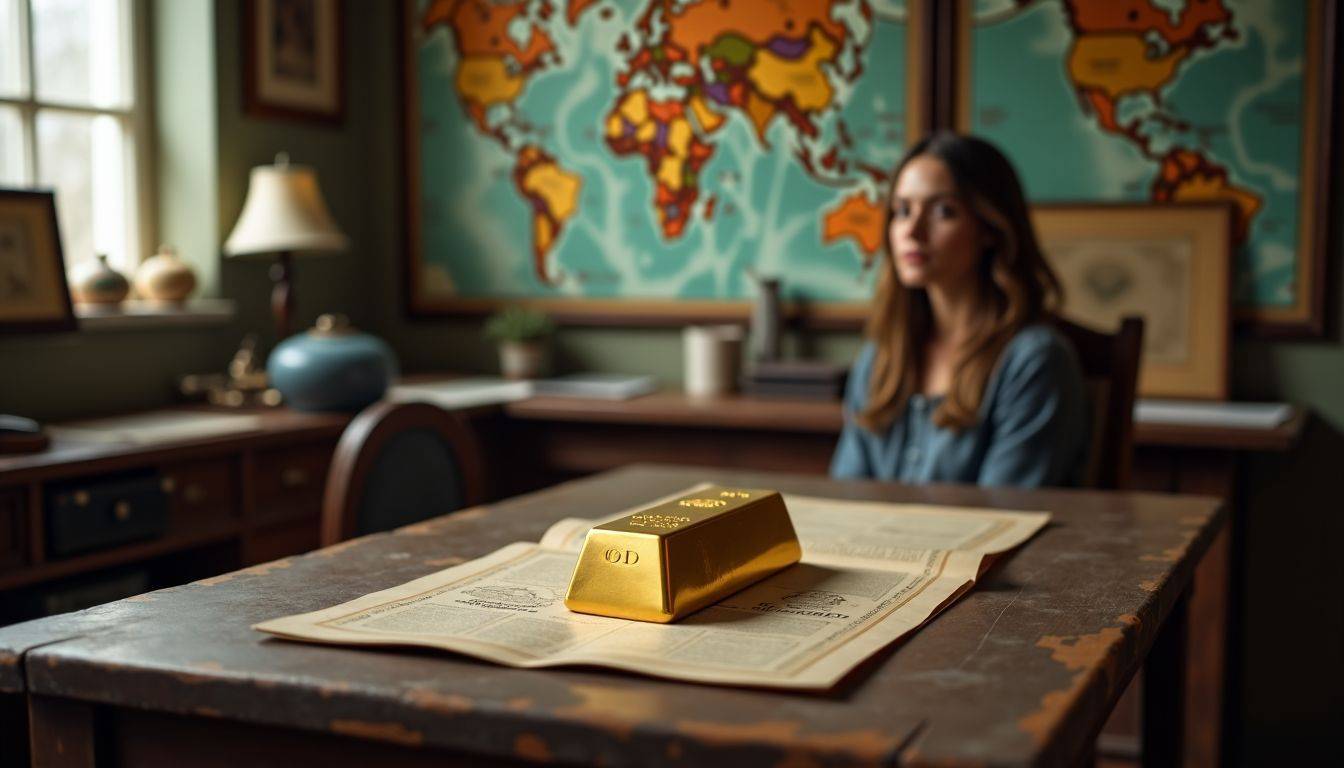 A gold bar on a vintage desk in a nostalgic room.