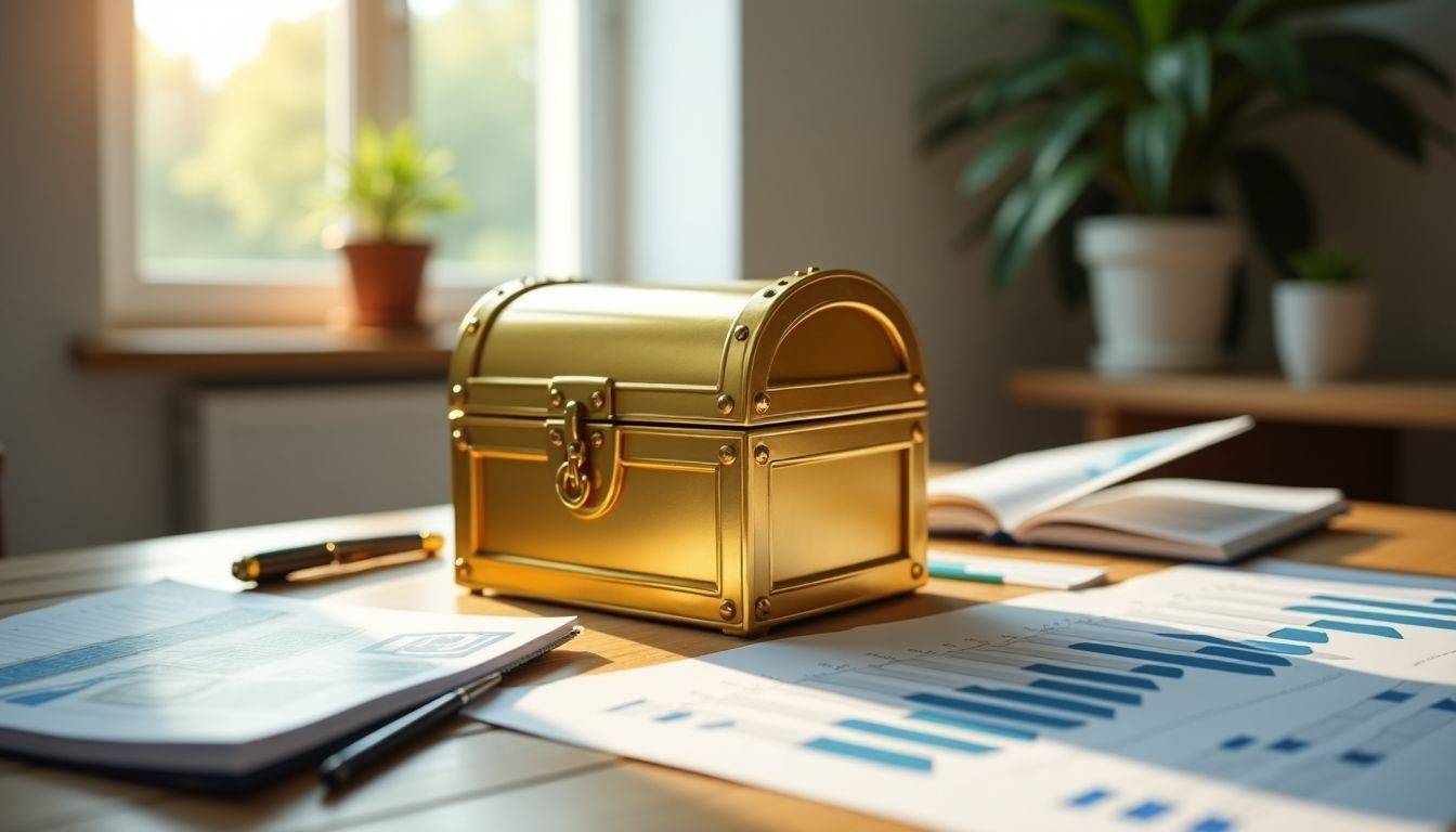 A golden treasure chest surrounded by financial tools and charts symbolizes financial opportunity.