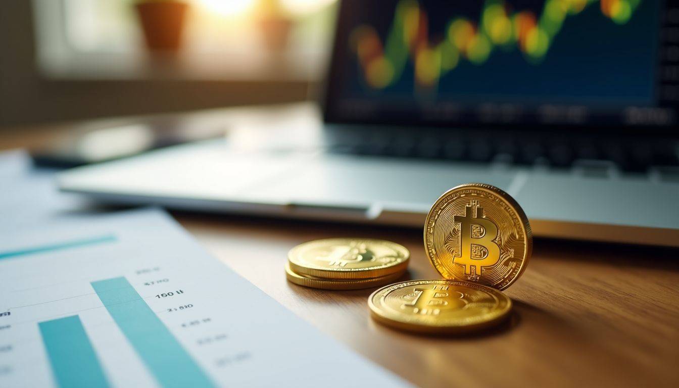 A gold coin on a desk surrounded by financial documents and a laptop displaying a gold rate chart.