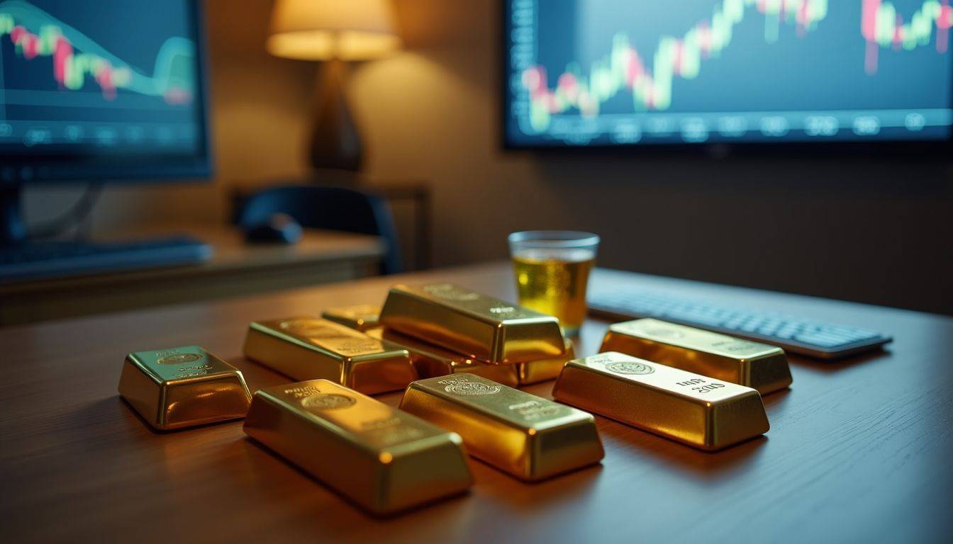 Various gold investment options on a table in softly lit room.