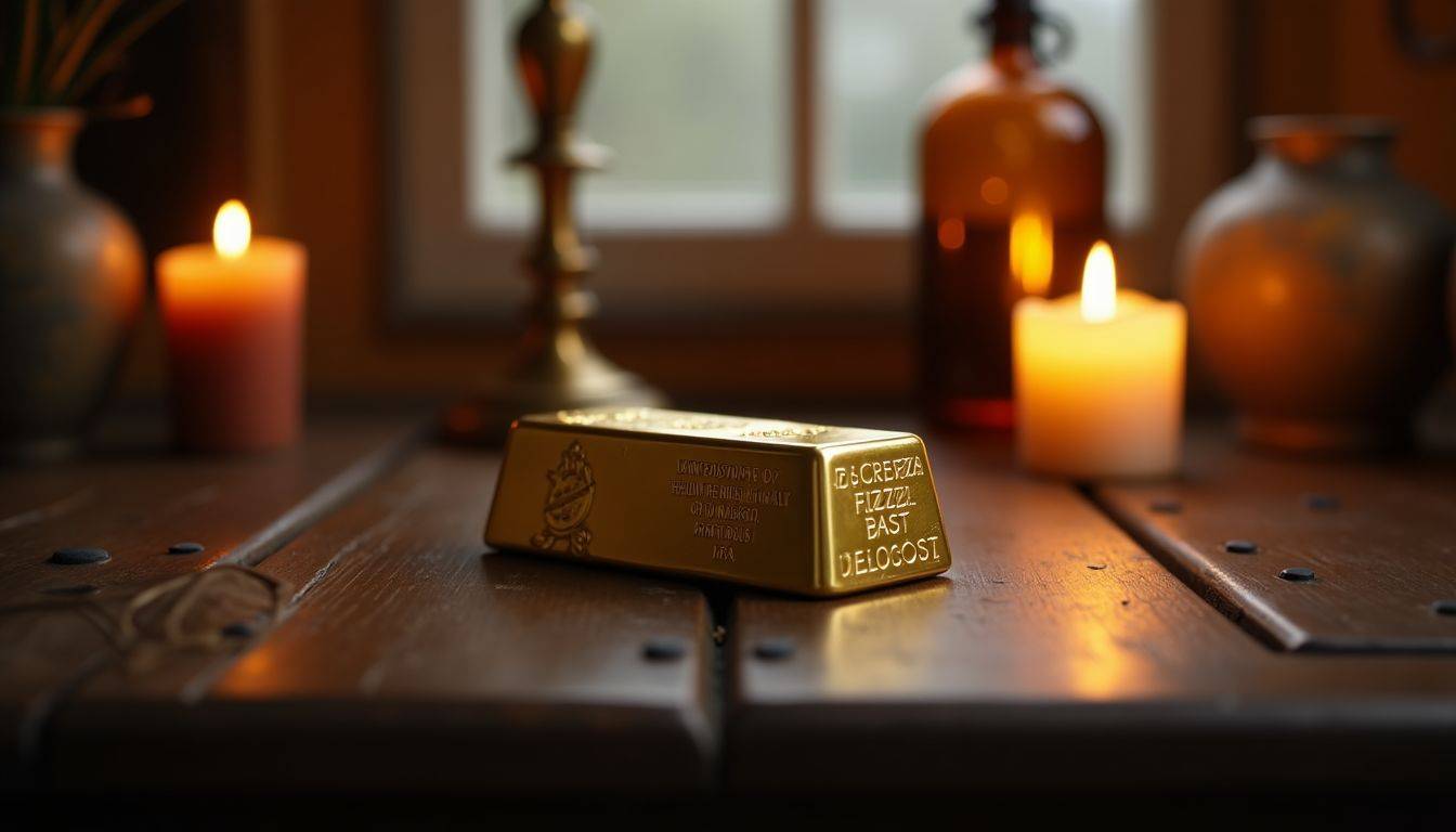 A gold bar on a cozy wooden desk with vintage decorations.