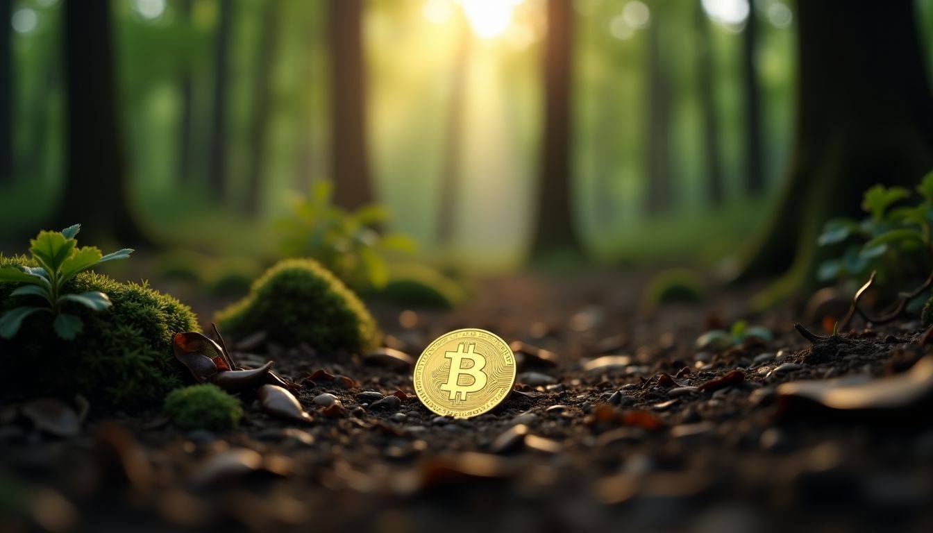 A shiny gold coin lies on the forest floor, surrounded by trees.