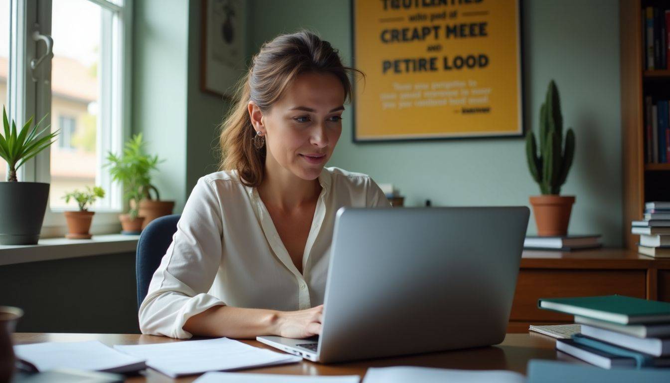 A woman focused on studying gold investments at her home office.