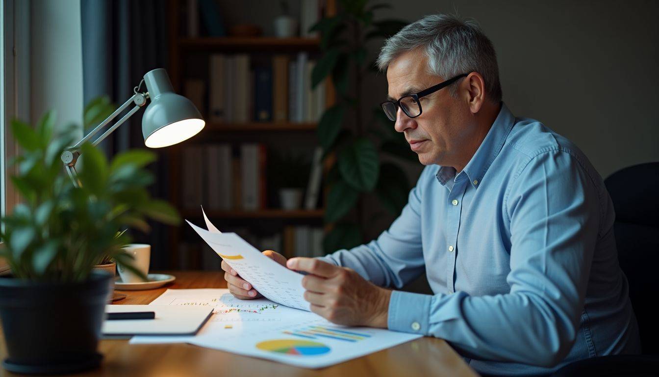 A middle-aged businessman analyzes gold rate graphs in home office.