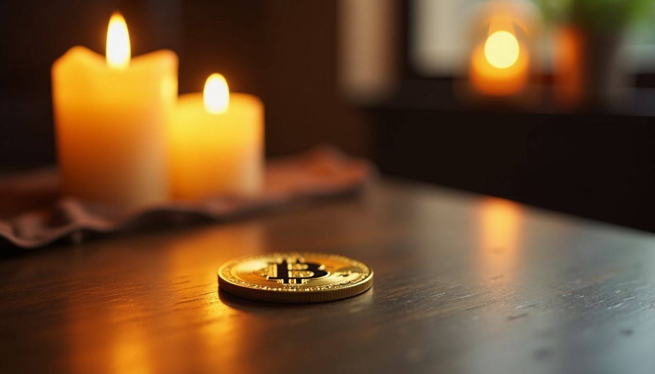 A shiny gold coin on a wooden table in a cozy room.