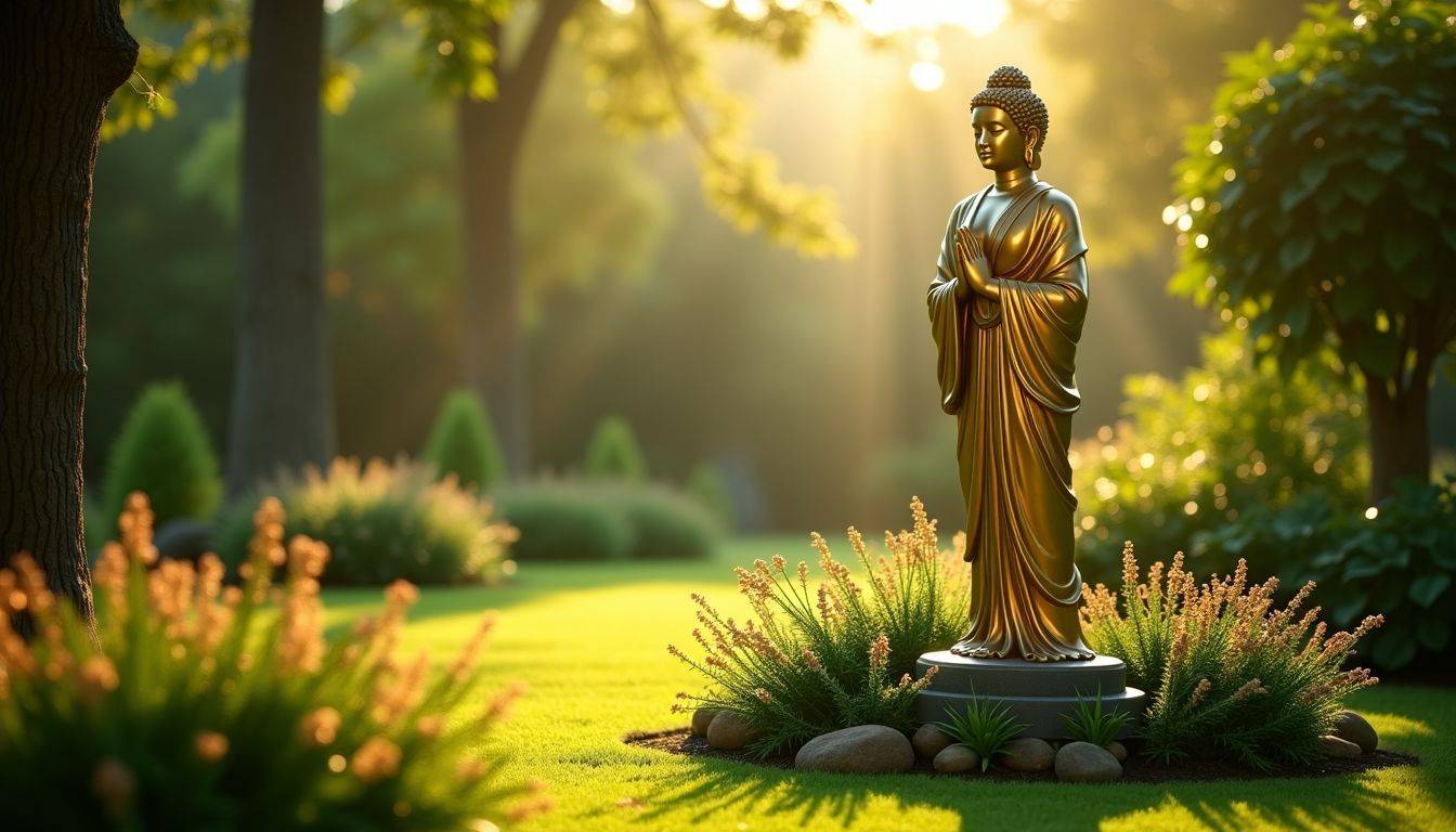 A gold statue stands in a serene green garden.