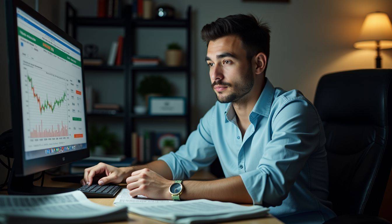 A person at a cluttered desk focused on real-time gold trading.