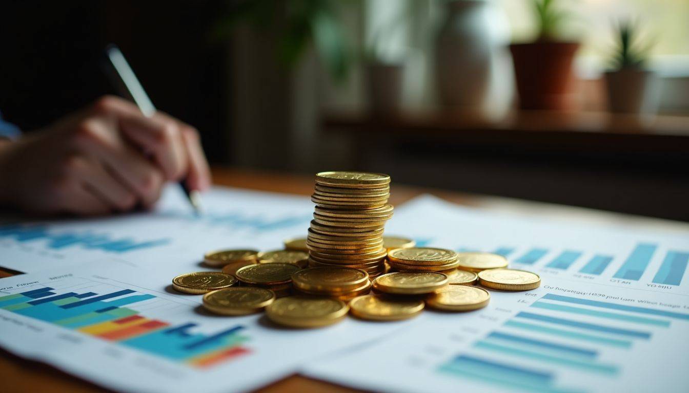 A table with gold coins, bars, and financial charts.