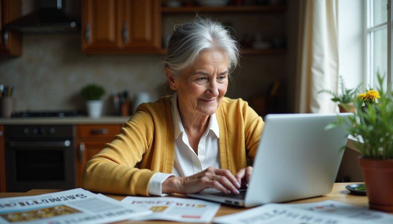 Elderly woman checking gold rates on laptop at cluttered kitchen table.