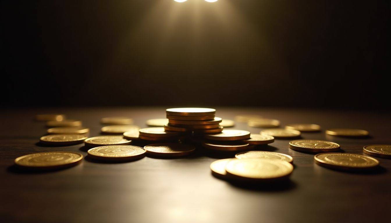 A stack of shiny gold coins scattered on a dark wooden table.