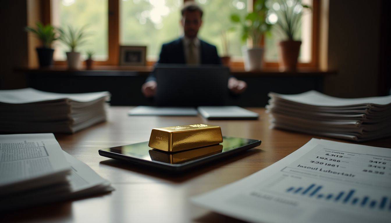 A gold bar on a table surrounded by financial newspapers and a tablet displaying gold rates.