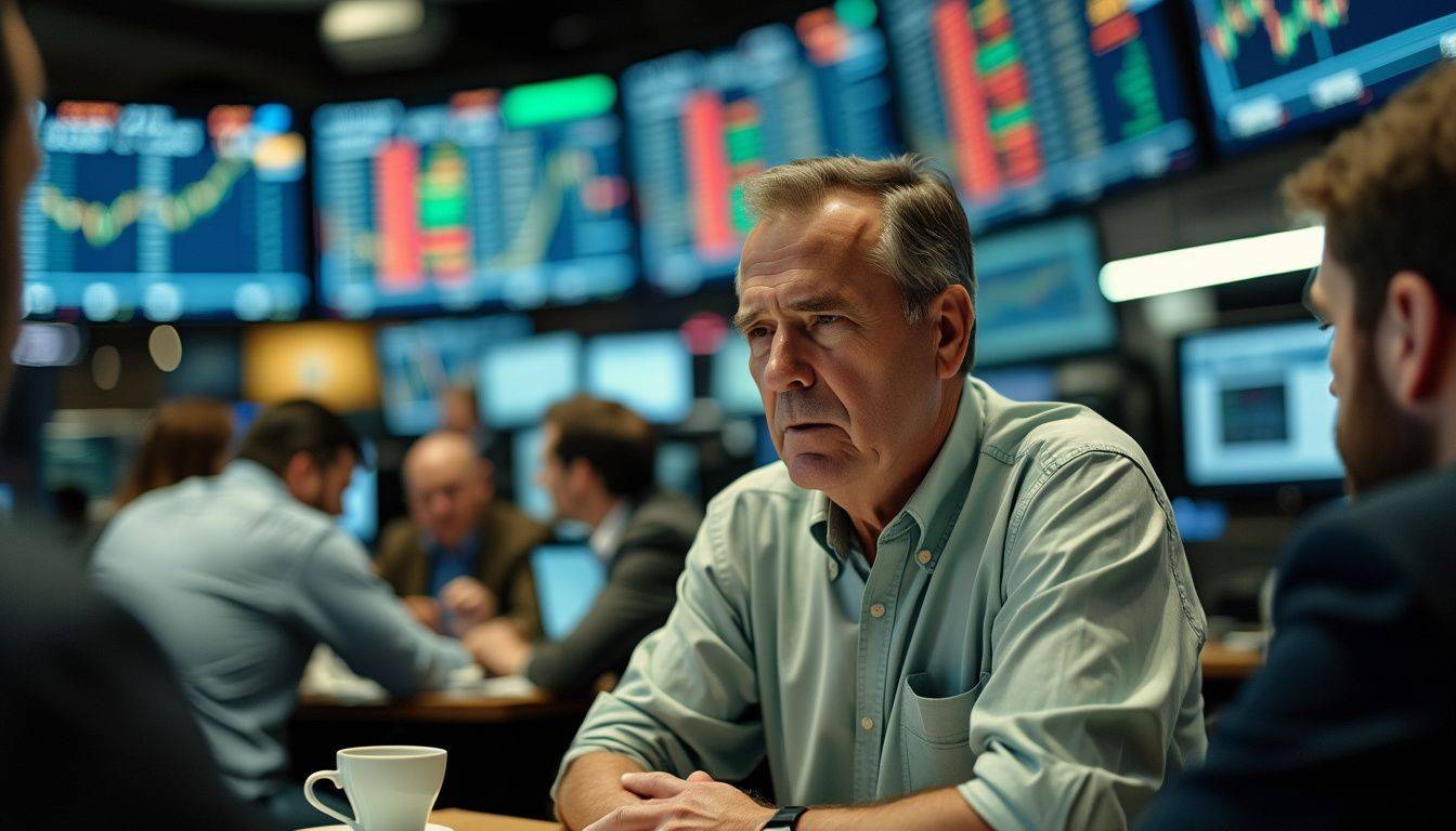 A middle-aged man comparing gold prices and currency exchange rates in a financial market.