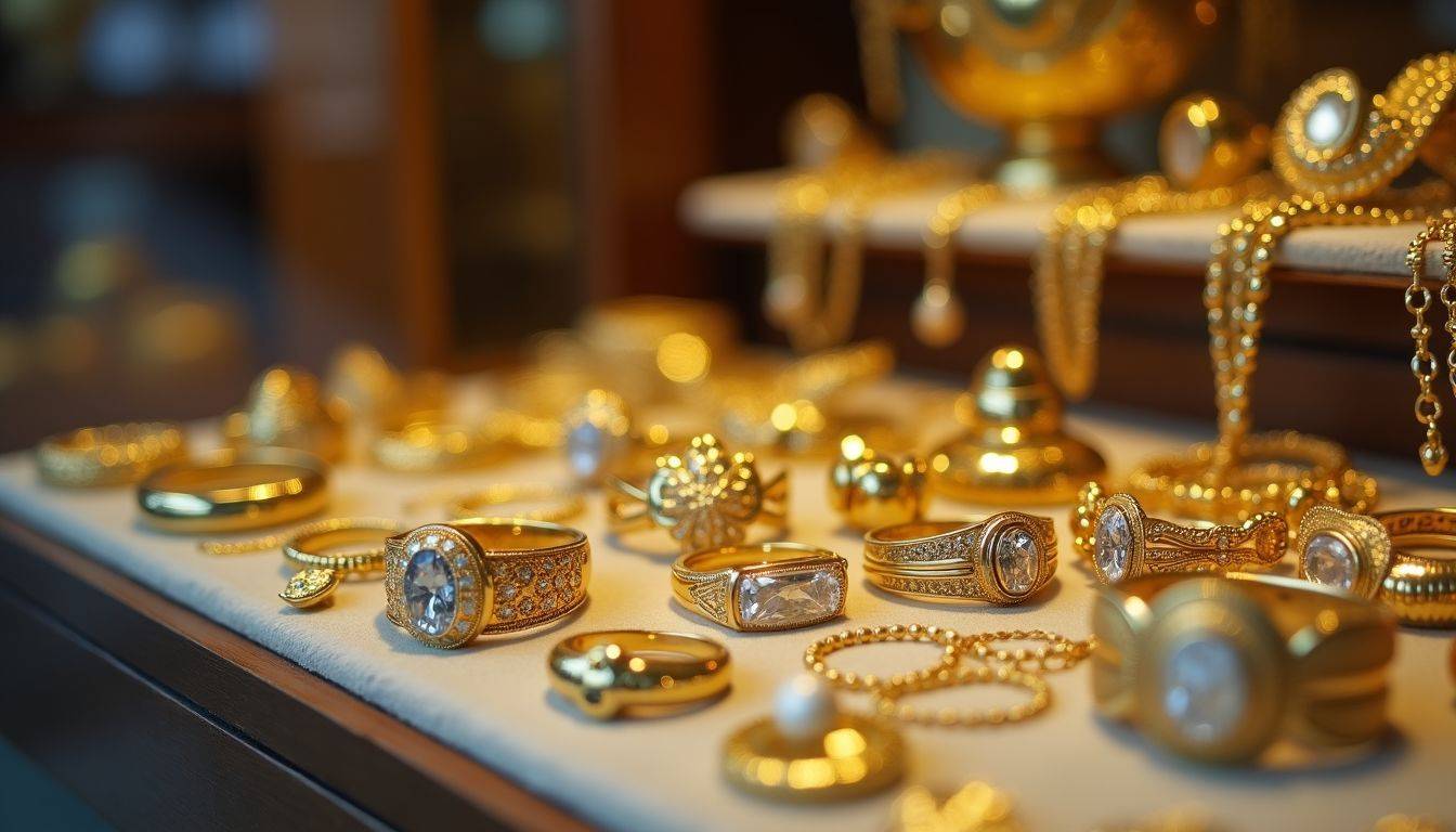 A pawn shop window display featuring gold jewelry in 24, 22, and 18 carats.