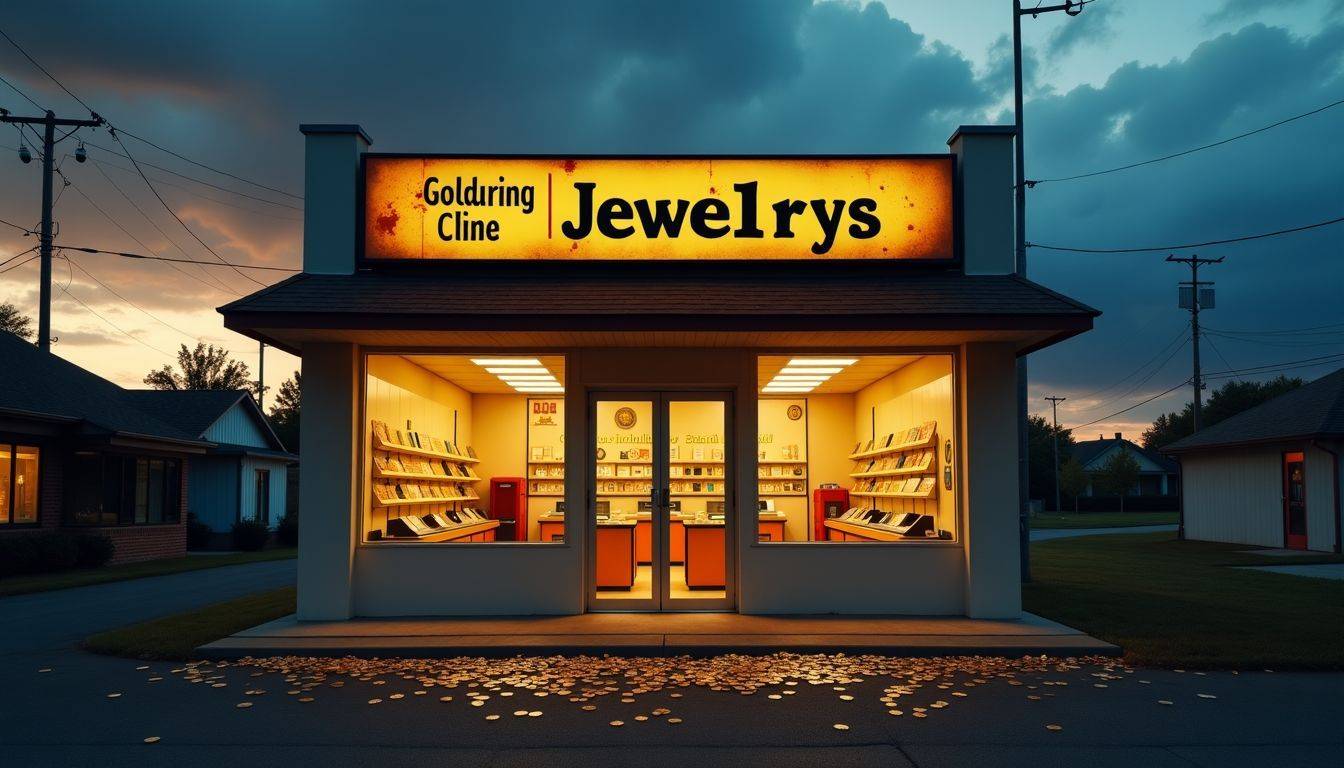 An empty jewelry store with scattered gold coins and worn sign.