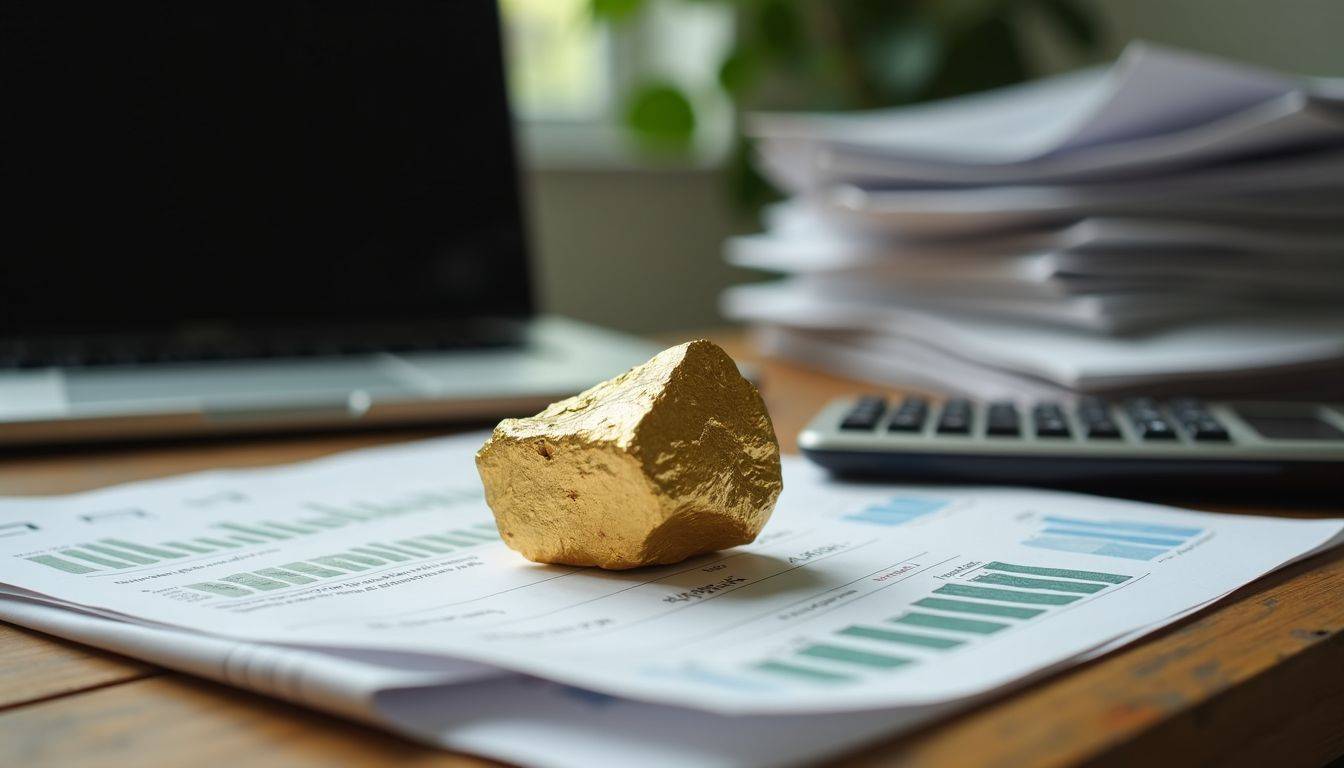 A gold nugget surrounded by financial newspapers and a calculator.