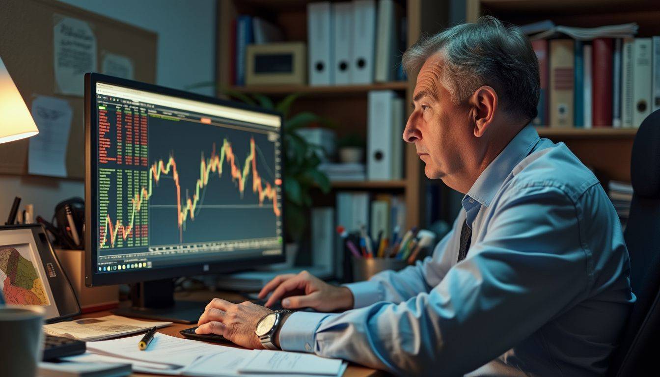 A middle-aged financial analyst analyzing gold price charts in a cluttered office.