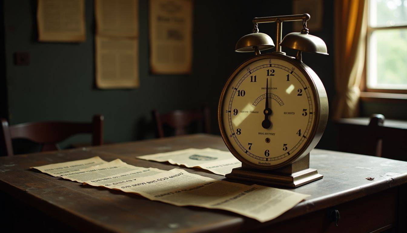 An antique gold scale surrounded by historical newspaper clippings on a worn wooden table.