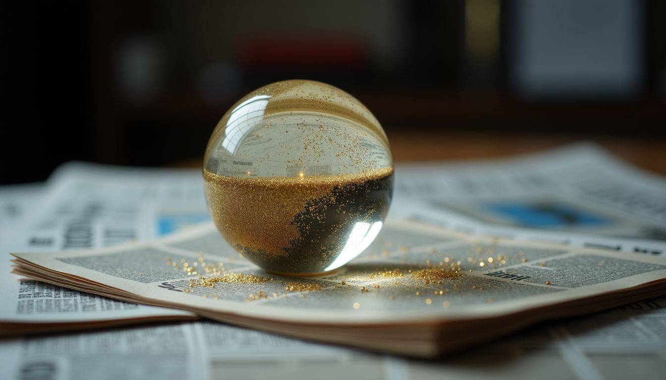 A clear glass globe filled with gold dust particles in a room.