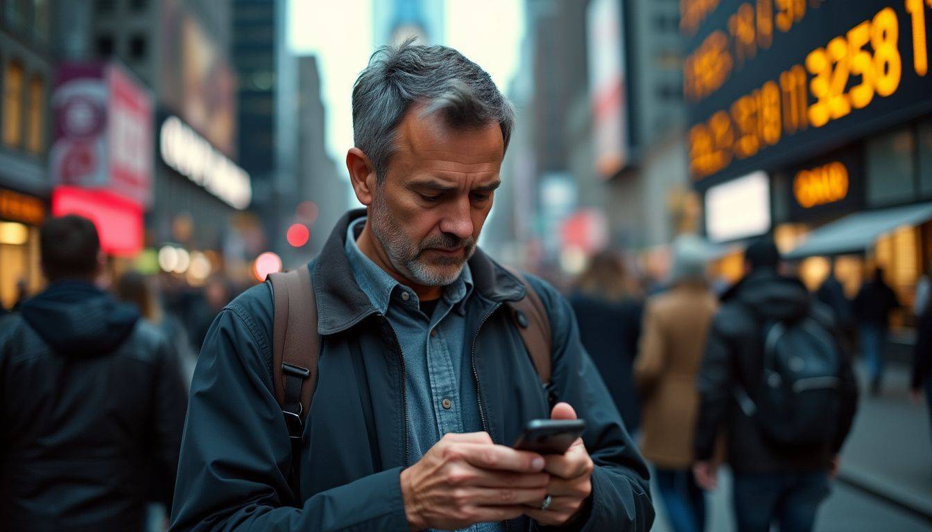 A man checks gold prices on his smartphone in a busy city.