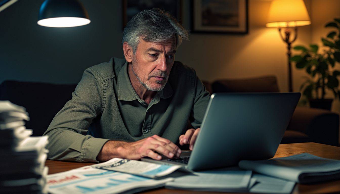 A man studies gold price charts at home surrounded by financial reports.