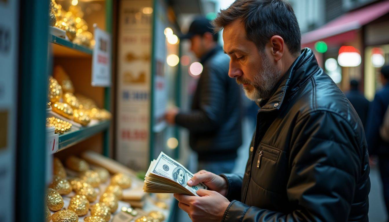 A street vendor counts US dollar bills in a busy urban market.