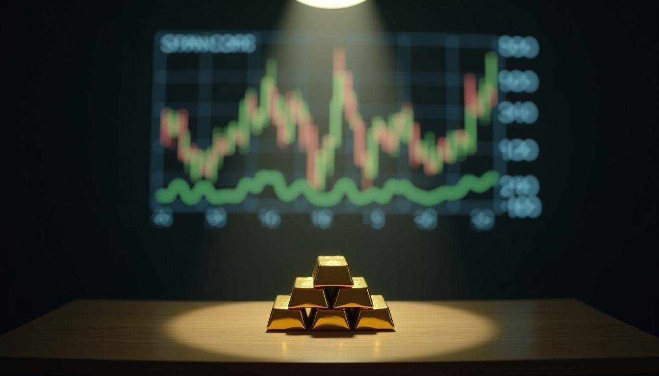 A stack of gold bars in a dimly lit room with stock market projection.