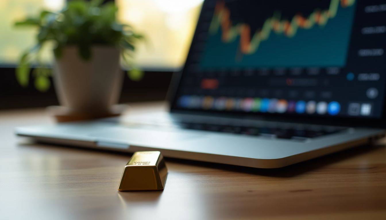 A gold bar sits next to a computer with a rising interest rates chart.