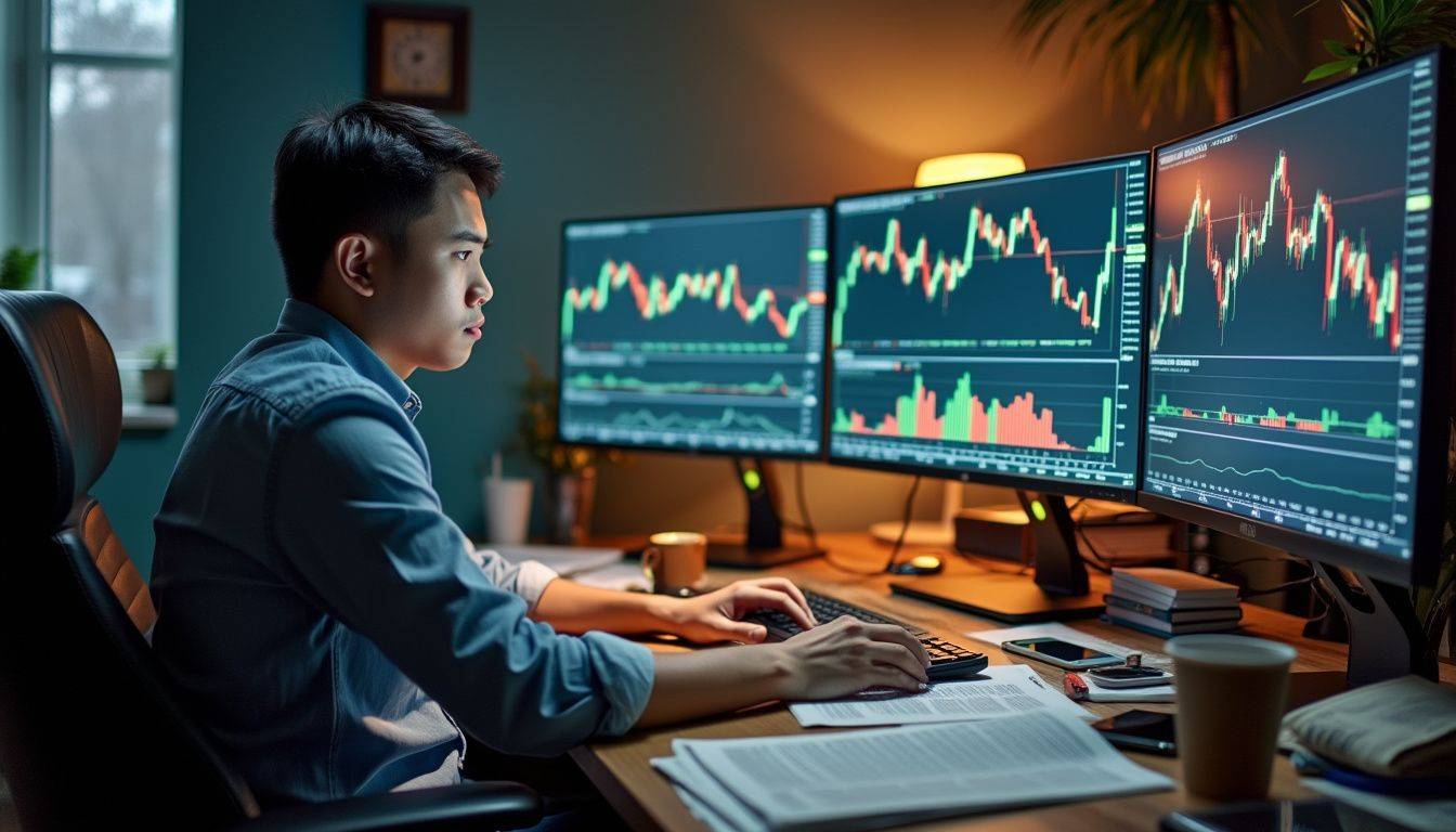 A young trader focused on multiple screens analyzes gold rates.