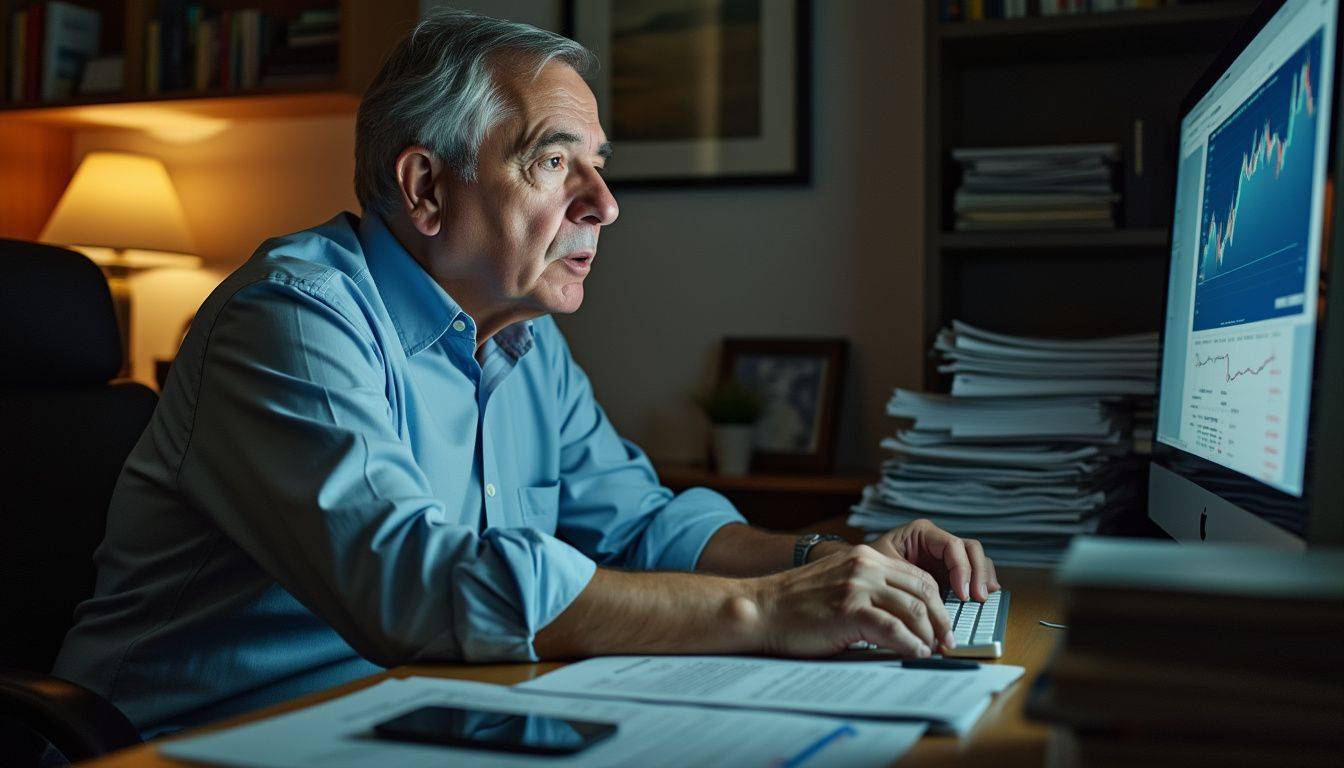 A middle-aged man is studying a gold price chart in his home office.