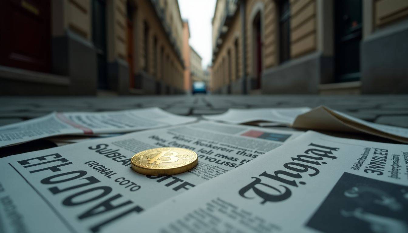 A gold coin sits among newspapers in a dim alleyway.