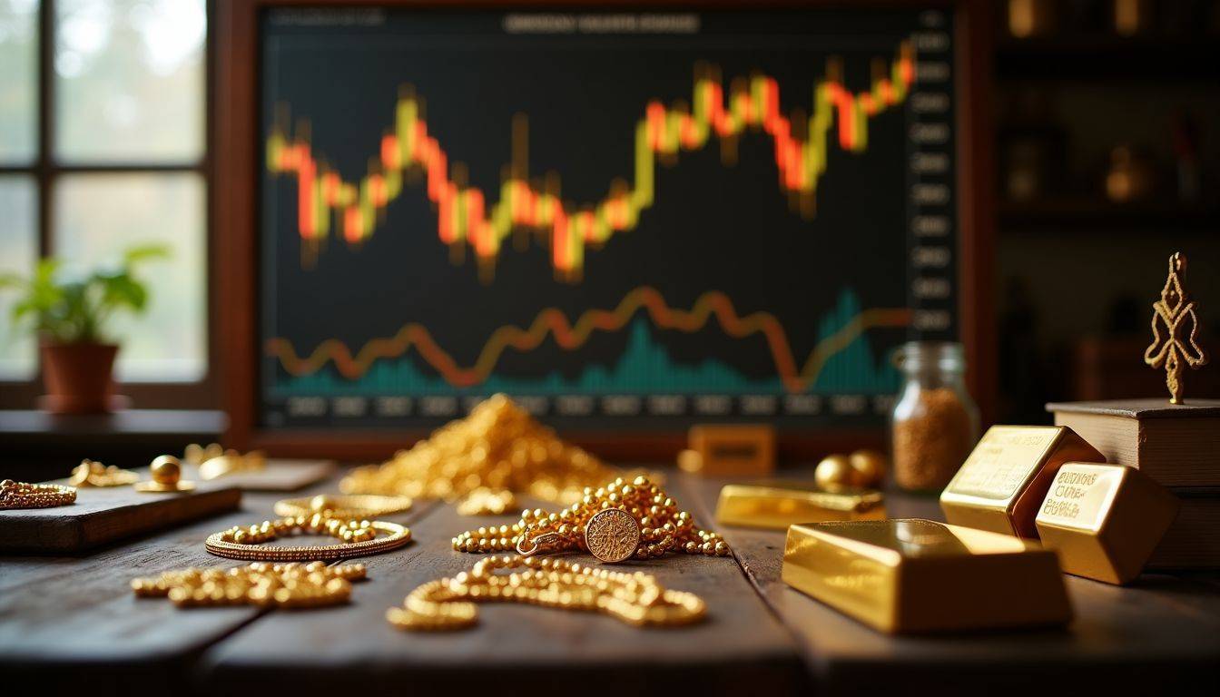 A goldsmith's workshop with gold jewelry, raw bars, and market charts.