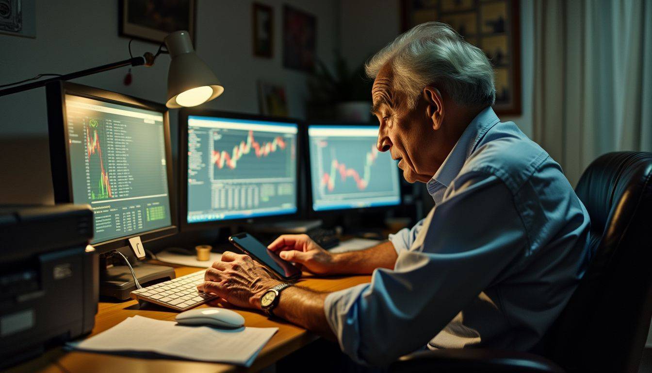 An elderly man focused on gold prices, making a decision at his desk.